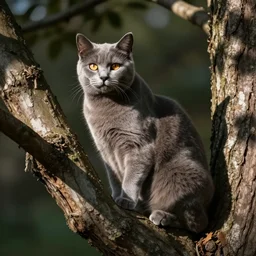 Chartreux cat on a tree