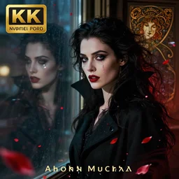 hyperrealistic portrait of a woman as amber heard as a vampire witch in a black coat as a reflection in a window. by jeremy mann and alphonse mucha, tears, falling red petals, fantasy art, photo realistic, dynamic lighting, artstation, poster, volumetric lighting, very detailed faces, 4 k, award winning