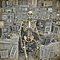 an old ambrotype photo of skeleton working in empty night office,rendered by Octane engine, unreal engine, 8k