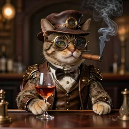 - A realistic style, steampunk cat , sitting at a bar, smoking a cigar, enjoying a glass of wine, Michelangelo