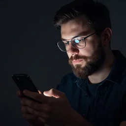 a man with beard and glass looking at smartphone that casts light on his face dark scene octane render 4k