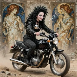 wyona rider as death from sandman, gentle smile, by cedric peyravernay, alphonse mucha, by jeremy mann, by lecouffe deharme, goth chic, soft lightning, eyeliner, punk rock, high detailed, 8 k