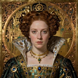 face centered portrait, artwork by james jean, hyperdetailed realistic, beautiful medieval queen, jean delville, art nouveau, gustav klimt, ornate copper patina gothic icon, james jean
