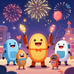 happy robots celebrating at party while there is fireworks