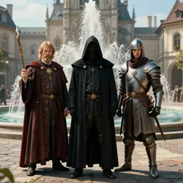 three guilders : a magician, a murderer and a warrior, stand in the middle of the square in front of the fountain, peter mohrbacher style, ray tracing, octane render, cinematic, digital art, realistic, high quality, 8 k