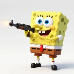 high detail full body shot of spongebob squarepants shooting an ak - 4 7 machine gun with muzzle flash, cinematic framing rule of thirds, cinematic light, hard shadows, in the style of the movie lone survivor,