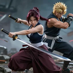dslr, beautiful erza scarlet wearing a skirt and fighting with a katana against ryu hayabusa from ninja gaiden, portrait photo, real photo, real camera, extreme detailed face and body, high quality, moody lighting, fast paced lines, sharp quality, enchanting, 8 k