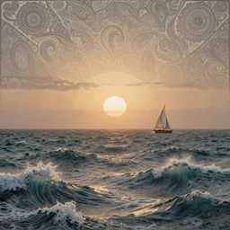 [ palate ] [ muted colors ] psychedelic ocean waves with a mysterious sun on the horizon, sailboat in rough seas, paisley skies, backlit, sunrise, refracted lighting, outdoors, paisley patterned clouds in the sky, elegant, 8 k resolution, intricate and fine details, award wining composition, photorealistic illustration, artstation, krenz cushart, alphonse mucha