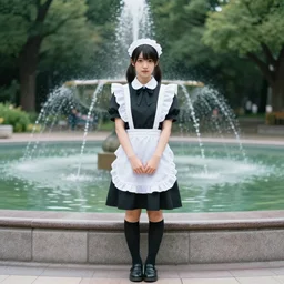 a full body portrait of a young Japanese maid standing in front of a fountain in a park, 8k, cinematic, photo taken with Sony a7R camera, by William-Adolphe