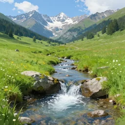 natural mountain spring, gush, small river, creek, high mountains, green meadow, alps, pyranees, digital painting, realistic lighting, idyll