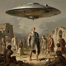 a extraterrestrial UFO landing at the kingdom of Julius Caesar, roman historic works in brand new condition, not ruins, hyper-detailed, artstation trending, world renowned artists, historic artworks society, antique renewel, good contrast, realistic color ,cgsociety, by greg rutkowski,gustave dore, Deviantart