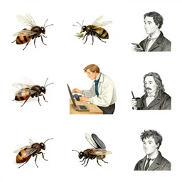 illustration, man, working, insects, by william blake, by todd schorr, by john tenniel, by james jean, vector icon