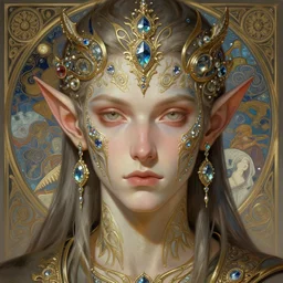 symmetry!! male elf bard, jewels parts embedded into face, intricate, elegant, highly detailed, digital painting, trending on artstation, concept art, smooth, sharp focus, cyberpunk, illustration, art by artgerm and greg rutkowski and alphonse mucha, 8 k
