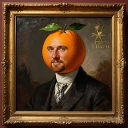 a presidential painting of a president with a literal orange fruit as his head, played by christian bale, classical, framed, politics