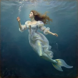 a ghost mermaid dressed in a victorian gown, underwater, old oil painting, hair flowing, light from above, bubbles rising from the bottom.