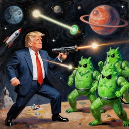 5 0 s sci - fi painting of donald trump fighting evil green martians with a ray - gun, rockets and planets on the background