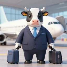 intelligent dairy humanoid cows wearing suit boarding an airliner at airport