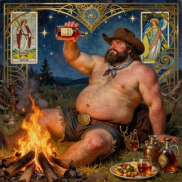 a dramatic, epic, ethereal painting of a !!!handsome!!! thicc chunky beefy mischievous shirtless with a big beer belly wearing a large belt and bandana offering a whiskey bottle | he is a cowboy short beard relaxing by a campfire | background is a late night with food and jugs of whisky | homoerotic, rugged | stars, tarot card, art deco, art nouveau, mosaic, intricate | by Mark Maggiori (((and Alphonse Mucha))) | trending on artstation