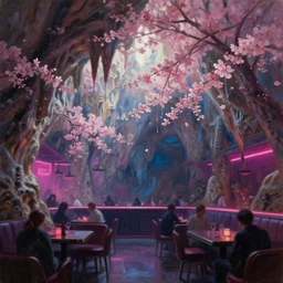 cyberpunk nightclub in a cherry blossom dripstone cave. oil painting by award - winning concept artist. backlighting, chiaroscuro, field of depth.