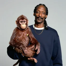 Snoop Dogg holding a monkey for a 1990s sitcom tv show, Studio Photograph, portrait, C 12.0