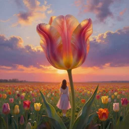 large tulip as a head, girl standing in a flower field, surreal photography, sunrise dramatic light, impressionist painting, colorful clouds, digital painting, artstation, simon stalenhag