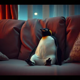 a penguin in couch, night, cinestill 8 0 0 t, cinematic shot