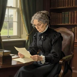 victorian britain 1 8 3 5, elderly florence nightingale sitting writing letters in the library of a english victorian manor. light from a window on the left, finely detailed perfect art, gapmoe yandere grimdark, trending on pixiv fanbox, painted by greg rutkowski makoto shinkai takashi takeuchi studio ghibli