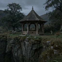 The Pavilion at the gorge in Rivendell, evening, detailed matte painting, cinematic, Alan Lee, Artstation