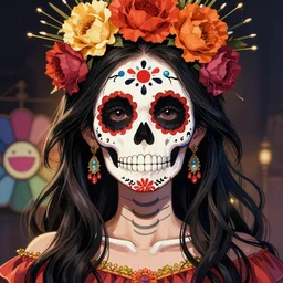 illustration of a sugar skull day of the dead girl, art by takashi murakami