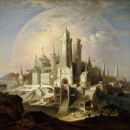 a planetary sci-fi city by Canaletto, oil and canvas, masterpiece