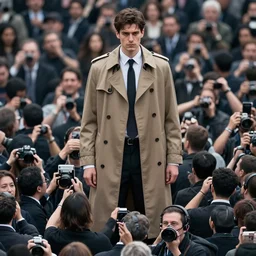 one suspiciously tall man in crowd of people, figure in trench coat, very very tall, blending into crowd, zoom photography, ultrarealistic, concept art
