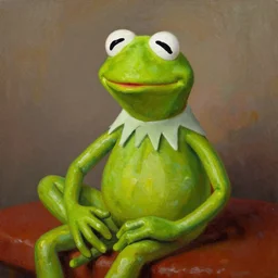 mr. bean depicted as kermit the frog, oil painting