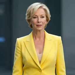 a still from the movie bladerunner 2 0 4 9 depicting helen mirren in her 6 0's wearing a yellow business suit, photographed by annie leibovitz against a backdrop of a moody planet earth in flames. cinematic lighting, in the style of terrence malick
