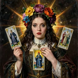 portrait of a medieval priestess curvy chelsea wolfe, goth punk, floral flowers, radiant colors, tarot, surreal, a flemish baroque by alexander mcqueen, art by john collier by greg rutkowski and craig mullins, oil on canvas