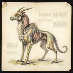 Vintage, detailed, colored sketch of mythical creature anatomy, full body, with full descriptions, on parchment.