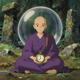 hyperrealist, studio ghibli dull colors portrait from close encounters of the third kind 1 9 7 7 of a mauve pocketwatch monk meditating in a wide bubble jungle desert stonehenge.