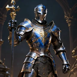 paladin oath of glory in blue and gold plate armour, no helmet, fantasy, dramatic pose, intricate, detailed, rpg artwork, deep focus, dramatic lighting, 8 k, by mariusz lewandowski