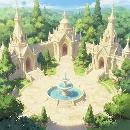 a close - up of a wide open courtyard in a beautiful elven city made of ivory, anime, lush trees, fountain, statue, a fantasy digital painting by greg rutkowski and james gurney, trending on artstation, highly detailed