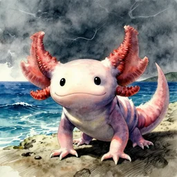 portrait, axolotl painting a picture of the ocean, watercolor, dramatic lighting, cinematic, establishing shot, extremely high detail, foto realistic, cinematic lighting, pen and ink, intricate line drawings, by Yoshitaka Amano, Ruan Jia, Kentaro Miura, Artgerm, post processed, concept art, artstation, matte painting, style by eddie mendoza, raphael lacoste, alex ross