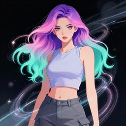 a award winning half body portrait of a beautiful woman with stunning eyes in a croptop and cargo pants with ombre purple pink teal hairstyle by thomas danthony, surrounded by whirling illuminated lines, outrun, vaporware, shaded flat illustration, digital art, trending on artstation, highly detailed, fine detail, intricate
