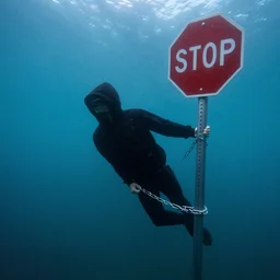 guy with black hoodie is chained to a stop traffic sign pole under water. photo under the sea. trying to get free.