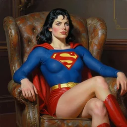 ultra realistic portrait painting of supergirl relaxing in her favorite chair, art by frank frazetta, 4 k, ultra realistic, highly detailed, epic lighting.
