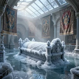 beautiful flooded victorian tomb covered in ice, water canals, glass ceilings, tapestries hanging from ceiling, light dust, by peter mohrbacher dan mumford craig mullins nekro, cgsociety, pixiv, volumetric light, 3 d render