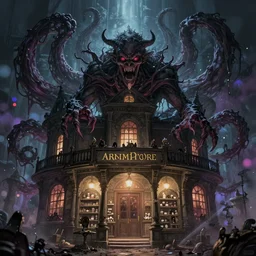 general store as evil creature in style of mansion o madness wallpaper, 1 8 century, arkham horror, tentacles, evil fluid, dramatic, heroic, fear, insane, terrific, insane, lovecraft illustration, particles, by asher brown durand, by yoshitaka amano, fantasy digital art, colorfull, bokeh effect