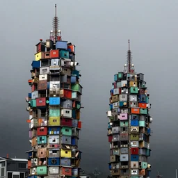 two towers, made up of colourful makeshift squatter shacks, uneven dark fog, dystopia, sony a 7 r 3, f 1 1, ultra detailed, photographed by jeanette hagglund