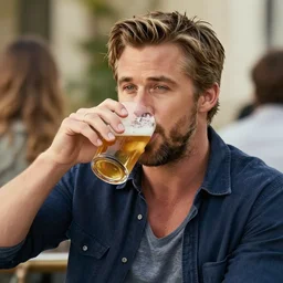 ryan gosling drinking beer, high quality photo