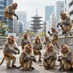 a tight shot of a dozen monkeys attacking a city in Japan by Ashley Wood, 3 point perspective, rule of thirds