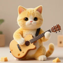A Hyperealistic Cat with a body made out of cheese playing guitar.