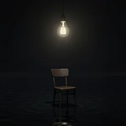 a matte painting of a single chair under a lightbulb, black water lake, artstation, surreal, dark space, claustrophobic, liminal space, by rembrandt, chiaroscuro