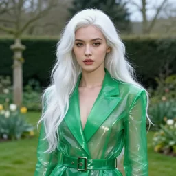portrait of a woman wearing shiny green transparent leather suit in an english garden, english face, refined features, moon goddess, long snow - white hair by jean gerome, edward hopper and james jean, hyper detail, 8 k, high resolution, ultra detaile